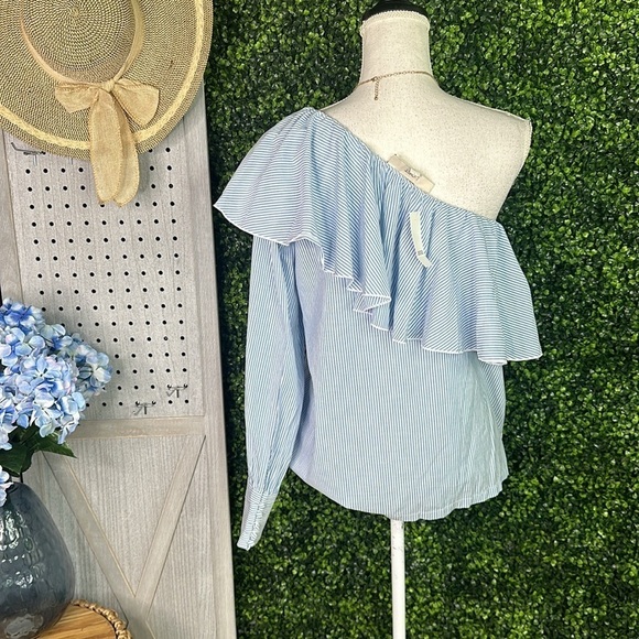 Nwt ANN TAYLOR LOFT BLUE & WHITE Pin STRIPED RUFFLED TOP ONE SHOULDER nwt - Picture 7 of 9